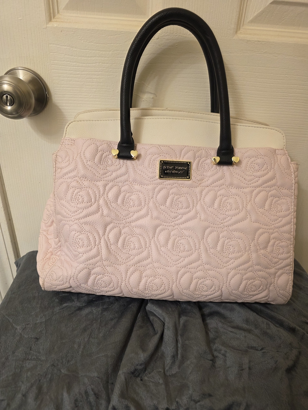 Betsey Johnson Pink Quilted Rose Satchel with Black Handles